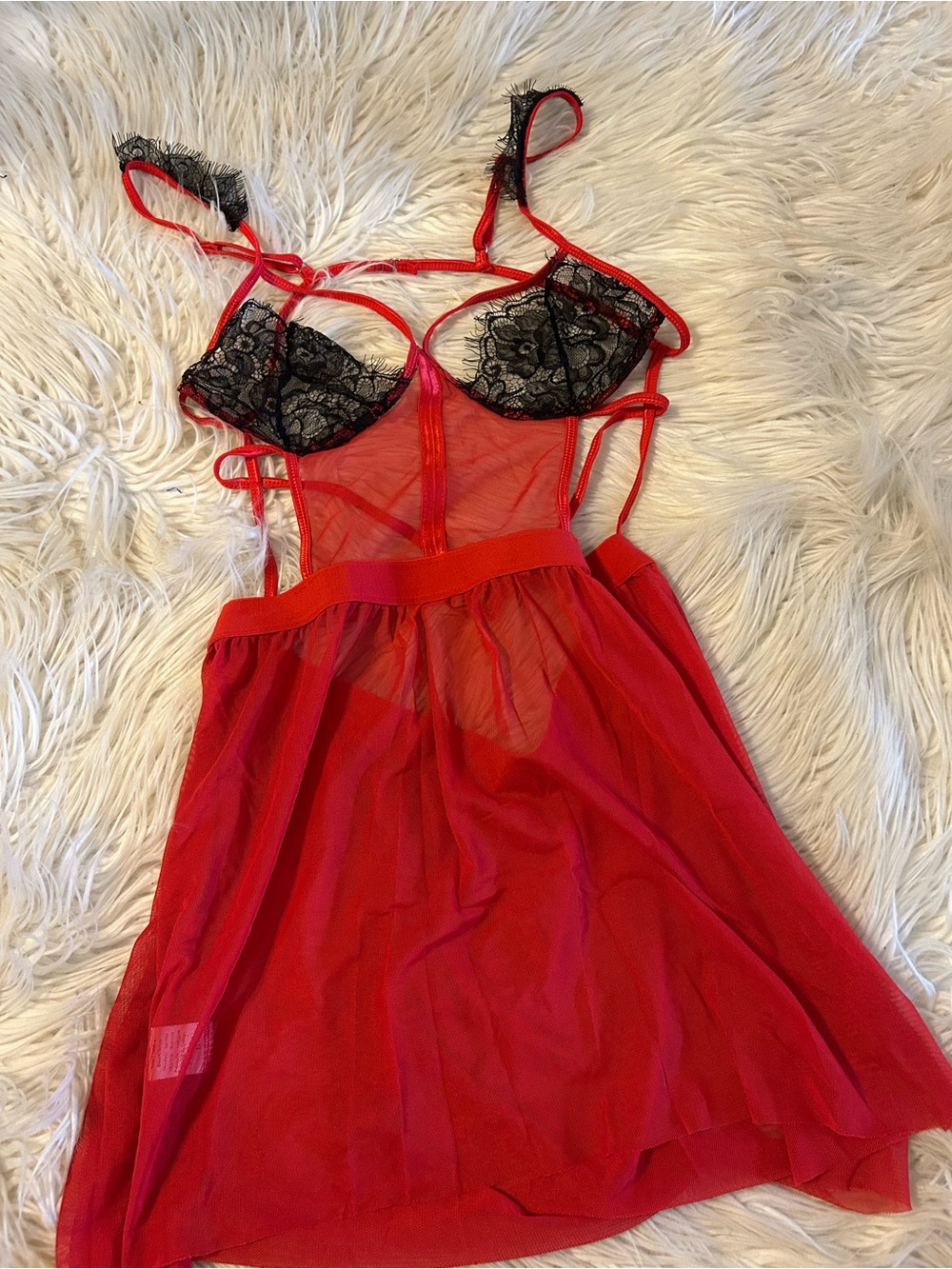Red Lace & Mesh Babydoll Chemise - Unbranded